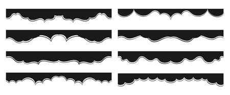 Modern divider and border  silhouette shape set. Abstract wave curve boundless elements. Header footer separators for top or bottom layouts smooth flowing template contemporary decor designのイラスト素材