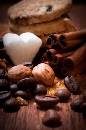 Various kinds of sugar, nuts and coffee beansの写真素材