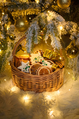 New year's night. wicker basket with Christmas sweets under the Christmas tree on a white plaid. new year's nightの写真素材