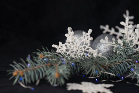 Christmas composition, Christmas tree branch and snowflakeの写真素材