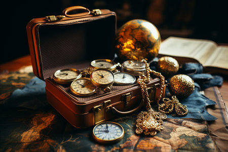 Vintage pocket watch in antique suitcase - sentimental tribute and memorial for departed loved onesの素材