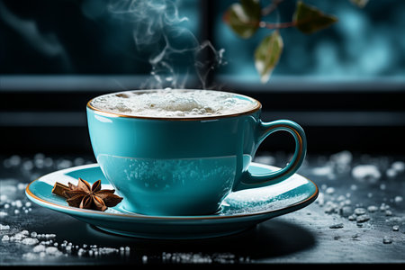 Savoring a tranquil moment with a steaming cup of coffee in a comforting atmosphereの素材