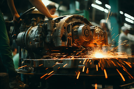 Proficient auto technicians conducting vehicle maintenance and repairs in a specialized repair shop.の素材