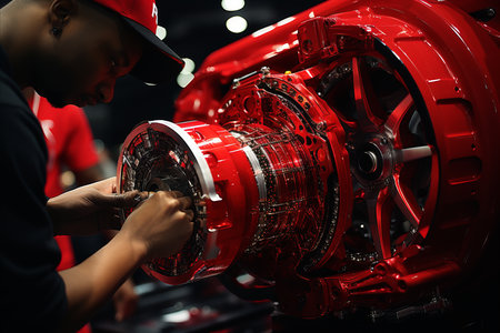 Professional technicians performing vehicle maintenance and repairs in auto repair shopの素材