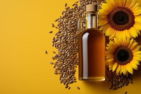 Sunflower in full bloom. seeds and fresh sunflower oil captured against a soft yellow backdropの素材