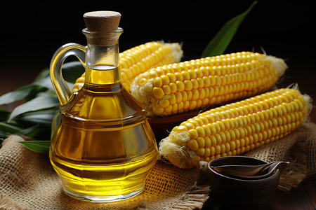Golden corn butter in vintage glass jar with fresh corn cob on soft yellow backgroundの素材