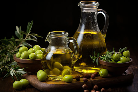 Elegant glass jar with wooden lid, filled with olive oil and green olives.の素材