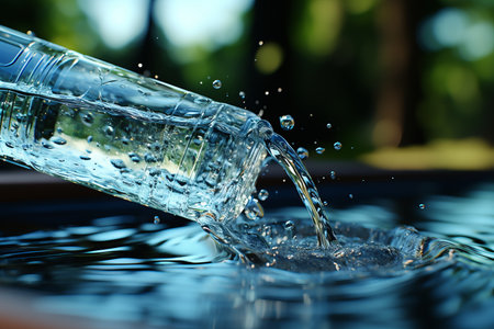 Crystal clear glass filled with stream of pristine drinking water on soft blue backdropの素材