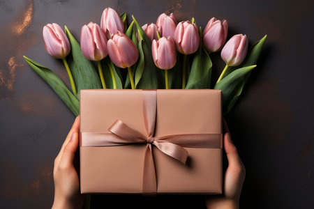 Emotional gesture. top-down view of gift and tulip bouquet tenderly passed to womans handsの素材