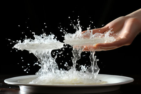 Illustration of hand scrubbing dishes in soapy water with levitating water, kitchen-chores concept.の素材