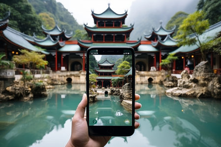 Discovering the world through the lens of a smartphone screen. travel and exploring concept.の素材