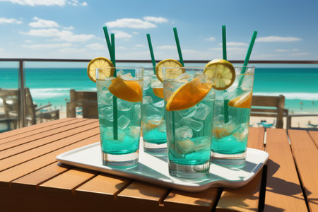 Tropical beverage in glass on beach vacation with sea backdrop, refreshing summer drink.の素材