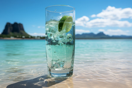 Refreshing tropical beverage in glass on right side of sandy beach with tranquil ocean background.の素材