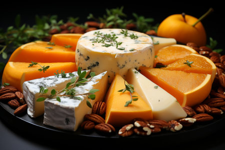 Delicious cheese platter on wooden board, high quality image with warm sandy tones.の素材