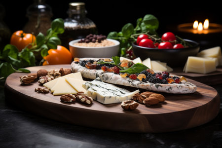 Delicious cheese platter on wooden board, warm tones, perfect for food connoisseurs and restaurants.の素材