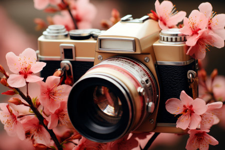 Online photography course. photo camera with pink flower accents for capturing stunning images.の素材