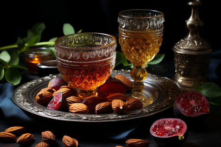 Vintage candy dish filled with nuts, next to a glass of refreshing drink, nostalgic retro decor.の素材
