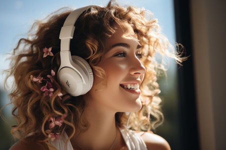 Young female student in headphones studying online on laptop screen in sandy tones.の素材