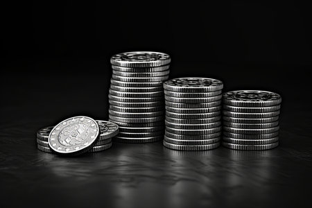 Silver coins composition on reflective surface, currency and numismatic collection conceptの素材