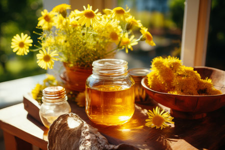 Organic jar of golden honey surrounded by buzzing bees on a sunny day in a vibrant fieldの素材