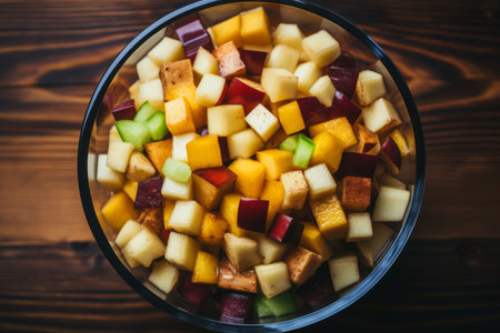 Top view fresh fruit salad in glass bowl on wooden table - healthy eating and nutrition conceptの素材