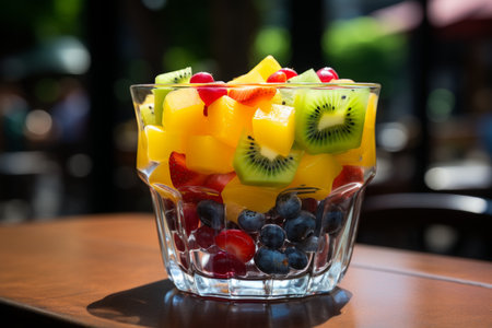 Fresh and vibrant fruit salad in an elegant glass bowl, top-down view on a tableの素材