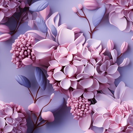 Lilac blossoms in 3d rendering with delicate green leaves on soft lilac backgroundの素材