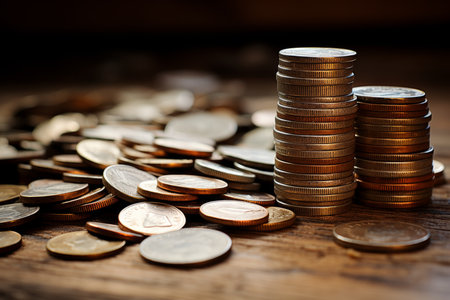 Close-up of large stack of coins - symbolizing financial savings, investment, and wealth buildingの素材