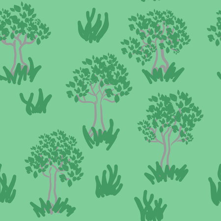 trees on green background seamless patternの写真素材