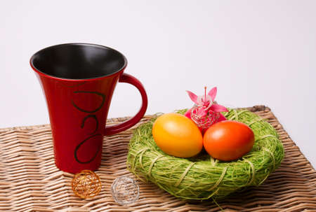 Breakfast on Easter - colorful eggs with decoration