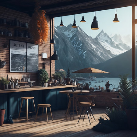 3d rendering of modern coffee shop with mountain view in the backgroundの素材