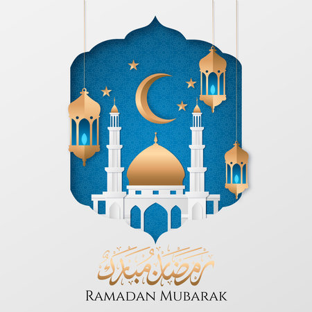 Ramadan Mubarak greeting card with mosque and crescent moon. Vector illustrationのイラスト素材