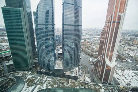 Towers skyscrapers of Moscow City close up in the daytimeの写真素材