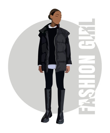 Fashion model posing. Beautiful young woman in coat. Fashion woman with bag. Hand drawn girl in sunglasses on a beautiful background. Vector illustration glamour street girl.のイラスト素材