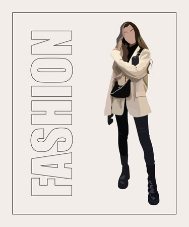 Fashion woman in sunglasses. Hand drawn stylish woman Beautiful young lady in fashion clothes. Girl on gray and stylish background with fashion inscriptionのイラスト素材