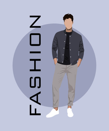 Stylish man in a flat style on an interesting and stylish background with the inscription fashion. Man in fashionable clothes.のイラスト素材