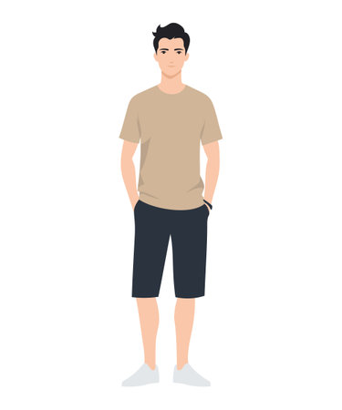 Vector illustration of a man in a summer look with a brown t-shirt and dark shortsのイラスト素材