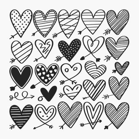Black and white hearts with patterns. Vector image of various black and white hearts decorated with lines, dots and arrows.のイラスト素材