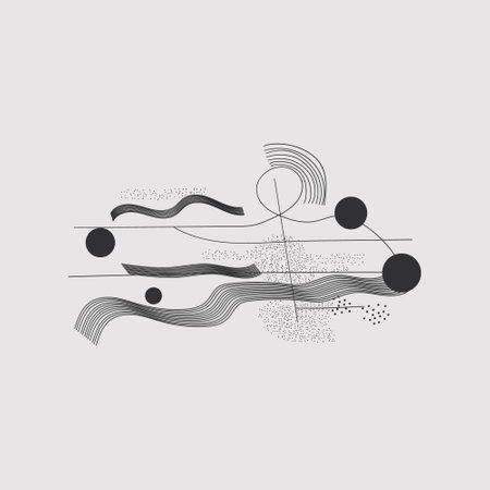 Abstraction with wavy lines. Black and white abstraction using smooth wavy lines and geometric circles.のイラスト素材
