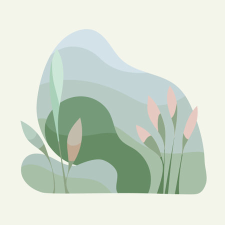 Abstraction with hills and lines in pastel colors. Smooth lines in shades of green and beige, reminiscent of hills and natural forms. The illustration creates a sense of calm and natural harmony.のイラスト素材