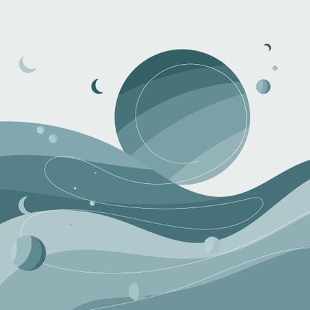 An abstract composition with blue-green needles that evoke a sphere, creating a sense of cosmic harmony and calm. Dynamic lines and soft shades add balance and depth to the composition.のイラスト素材