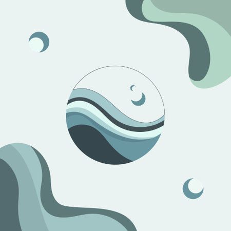 The central sphere in the composition is sharpened by squiggly lines in dark green and blue shades. The illustration creates the appearance of deep space and a smooth flow.のイラスト素材
