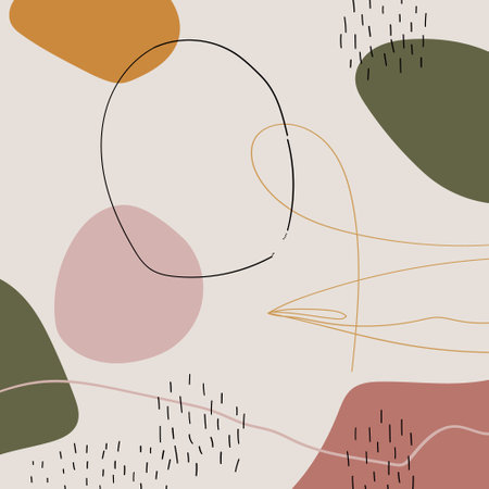 Warm shades of circles and lines in an abstract composition create coziness and calm. The illustration resembles a harmonious play of shapes and colors.のイラスト素材