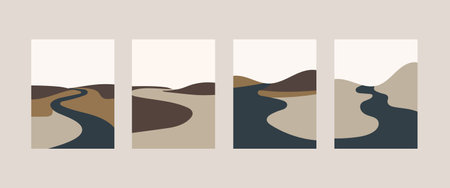 Vector illustration. A four-part composition in muted beige-brown tones with smooth curves that create an atmosphere of peace and harmony.のイラスト素材