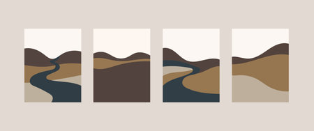 Vector illustration. A four-part composition in muted beige-brown tones with smooth curves that create an atmosphere of peace and harmony.のイラスト素材