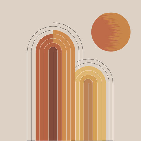 A composition with vertically arranged arches with clear faces and thin lines. Above is the sun in the form of a warm circle.のイラスト素材
