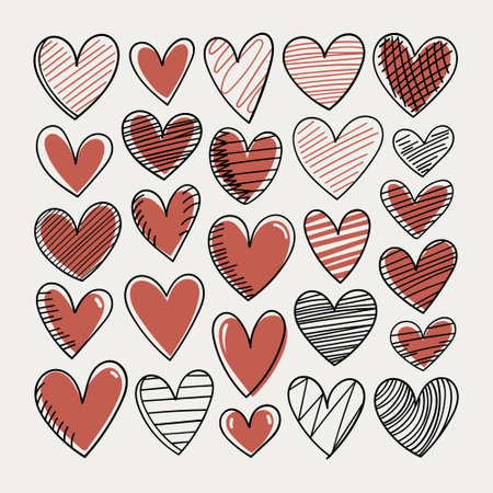 Vector illustration. A collection of hearts in red and pink colors, each heart is decorated in its own technique with lines, strokes or patterns.のイラスト素材