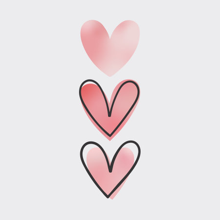 Vector illustration. Three pink hearts with a gradient effect on a light background two hearts are highlighted with a dark outline.のイラスト素材