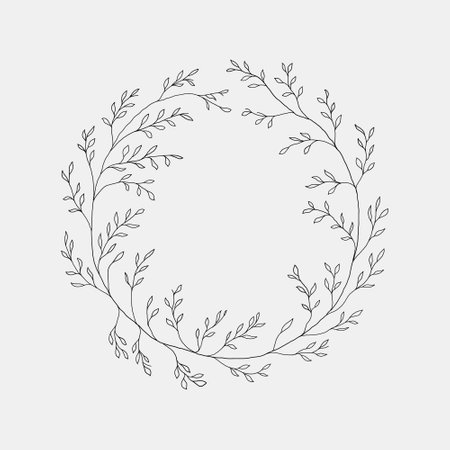 Delicate botanical wreath with fine leaves and minimalistic style in black and white.のイラスト素材
