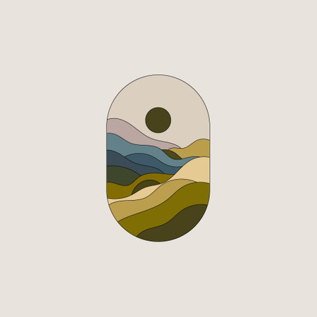 Abstract illustration of rolling hills in natural earth tones framed within an oval window.のイラスト素材